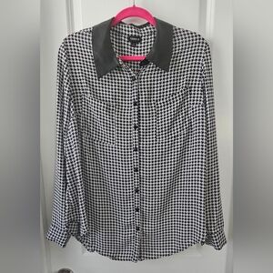 torrid Black and White Houndstooth Button-Up Blouse with Faux Leather Collar